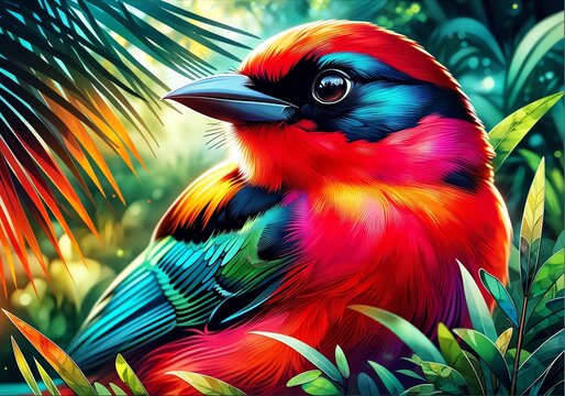 Vibrant Watercolor Painting of Red-necked Tanager Bird