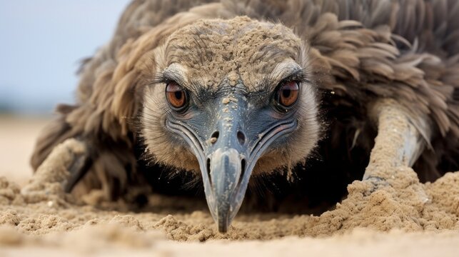 A bird with a brown head and beak is peeking out from the sand