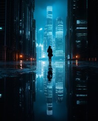 a solitary stroll through the darkened streets, the distant cityscape offering a captivating backdrop to the figure's introspective journey.