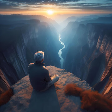 older man sitting at the edge of a vast abyss during sunrise
