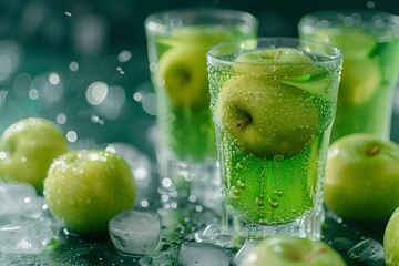 Whole green apple submerged in bubbly water with droplets, amidst ice and bokeh.