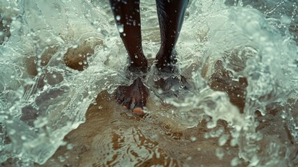  sea summer, woman legs bare foot walk sand beach make sea water splashes. seaside in evening light. girl tourist on summer vacation on tropical island resort, back view