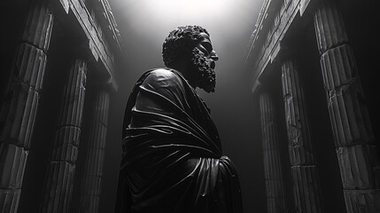 a dark of minimalist landscape depicting an ancient Greek society steeped in stoicism. Showcase...