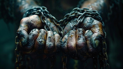 dramatic photo of knuckles and wrists wrapped in chains,generative ai - obrazy, fototapety, plakaty