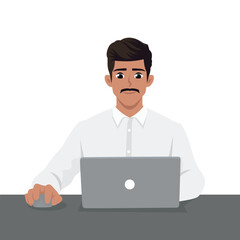 Young indian man working on the laptop computer and having idea. Flat vector illustration isolated on white background
