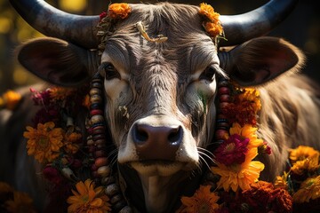 Taurus adorned at a religious festival with flowers and ornaments., generative IA