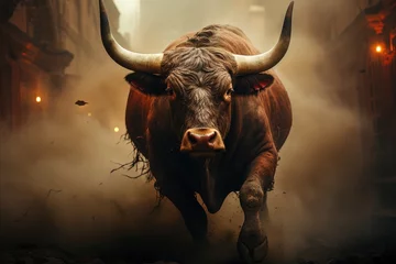 Poster Tense confrontation furious bull vs. Fearless bullfighter in the arena., generative IA © JONATAS