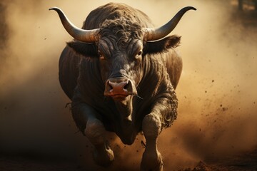 Tense confrontation furious bull vs. Fearless bullfighter in the arena., generative IA - obrazy, fototapety, plakaty