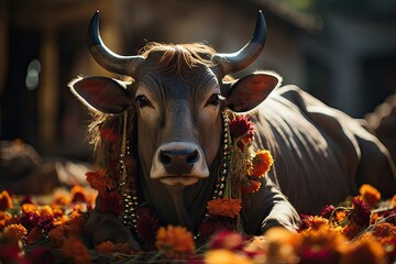 Sacred bull in the center of religious ceremony., generative IA