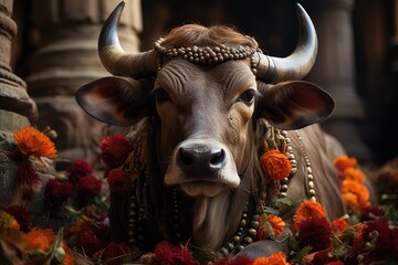 Sacred bull in the center of religious ceremony., generative IA - obrazy, fototapety, plakaty