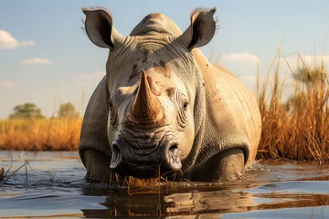 Rolgordijnen Rhinos in peace by the water., generative IA © JONATAS