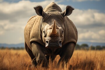 Rhino observes elephants in the scene of coexistence., generative IA - obrazy, fototapety, plakaty