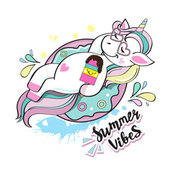 Cute unicorn lying on a donut and eating ice cream and the inscription summer vibes - 767976200