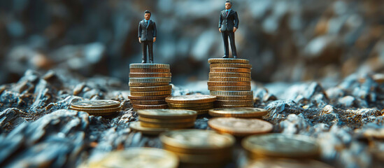 Miniature people: Small businessmen standing on a stack of coins, Money, Finance, business growth concept. Panoramic image.