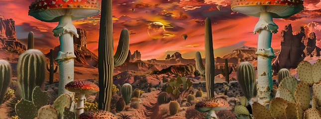 Foto op Canvas Surreal Desert Landscape with Giant Mushrooms and Cacti at Sunset  © augenperspektive