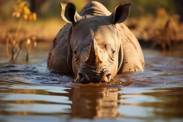 Wandcirkels tuinposter Rhino drinking water with reflex on the surface., generative IA © JONATAS
