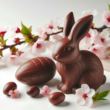 Chocolate easter bunny and eggs with cherry blossoms. Generative AI