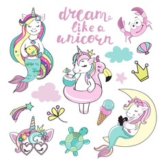 Beautiful unicorns mermaids collection on white background