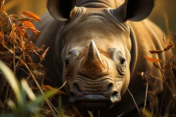 Keuken spatwand met foto Young rhino exploring the vegetation., generative IA © JONATAS