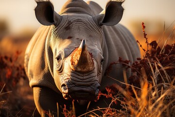 Young rhino exploring the vegetation., generative IA - obrazy, fototapety, plakaty