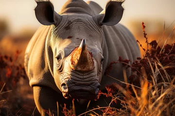 Foto auf Leinwand Young rhino exploring the vegetation., generative IA © JONATAS