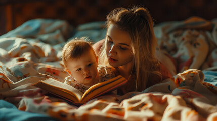 Young mother reading book to get cute little baby in bed