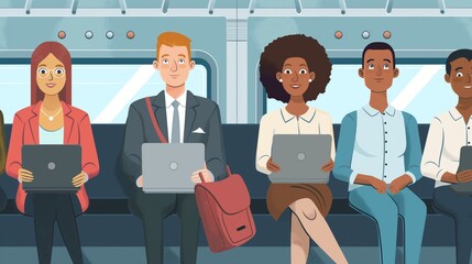 Diverse group of corporate professionals commuting together in a modern urban setting using public transport. Collaborating on laptops - Powered by Adobe