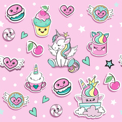 Fashion patch badges unicorn and sweets with eyes in kawaii style seamless pattern - 767976467