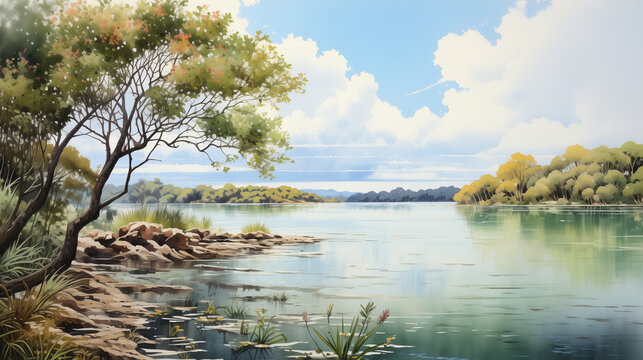 Experience the serenity of a gentle river in this digital artwork, featuring flourishing trees, rocks, and a soft cloud-filled sky.