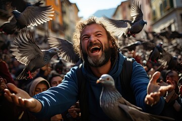 Crowd feeding pigeons in a tourist scenario., generative IA - obrazy, fototapety, plakaty