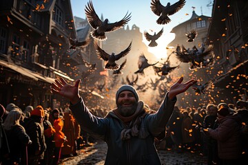 Crowd feeding pigeons in a tourist scenario., generative IA - obrazy, fototapety, plakaty