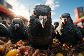 Hungry pigeons at the fair in search of food., generative IA - obrazy, fototapety, plakaty
