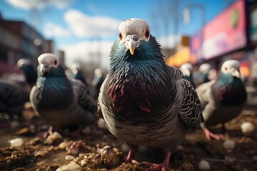 Hungry pigeons at the fair in search of food., generative IA - obrazy, fototapety, plakaty