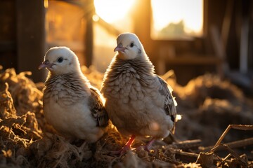 Pigeons in rustic barn under morning light., generative IA - obrazy, fototapety, plakaty