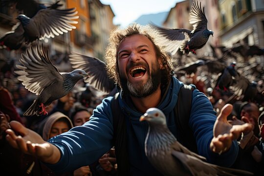 Crowd feeding pigeons in a tourist scenario., generative IA