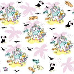 Beautiful Unicorn with Surfboard and toucan on a white background seamless pattern - 767976850