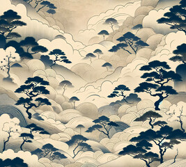 Japanese-style illustration with pine trees