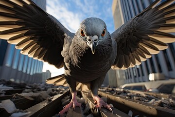 Urban pigeon observing busy city., generative IA - obrazy, fototapety, plakaty
