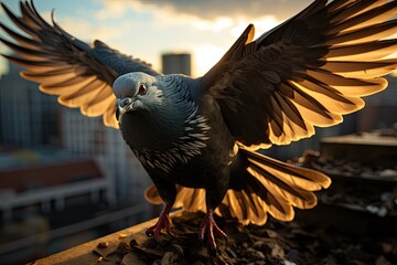Urban pigeon observing busy city., generative IA - obrazy, fototapety, plakaty