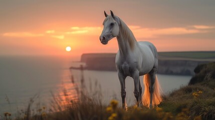 Obraz na płótnie Canvas A majestic white horse stands silhouetted against a pastel sunset sky its mane flowing like liquid gold.
