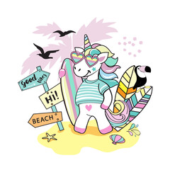 Beautiful Unicorn with Surfboard and toucan - 767976891