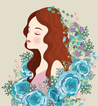 Beautiful lady painting roses icons decor cartoon character