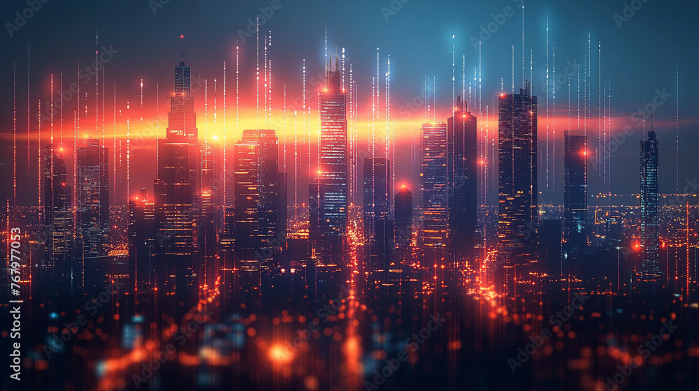 Poster smart city technology in the form of pixels with lines that connect with the city in a unique way. c