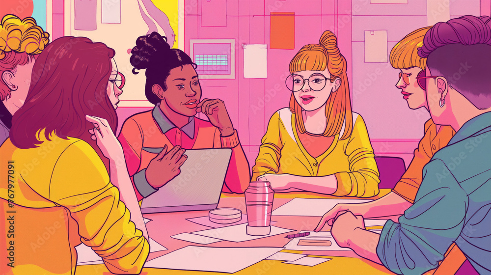 Poster diverse group of creative professionals collaborating in a vibrant and dynamic team brainstorming se