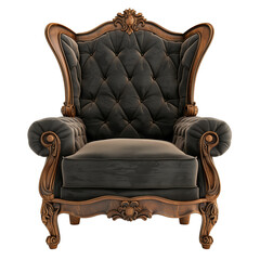 A black chair with a wooden frame and a brown cushion. The chair is ornate and has a vintage feel...