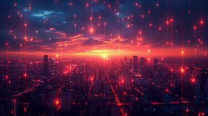 Obraz premium Smart city technology in the form of pixels with lines that connect with the city in a unique way. conveys the technology of A city that takes advantage of modern and intelligent technology innovation