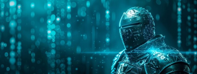 A metaphorical image of a knight in digital armor guarding a gate that represents the entry point to a supply chain network, embodying the concept of proactive defense in cybersecurity. - obrazy, fototapety, plakaty
