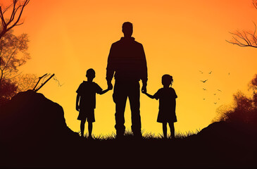 A man and two children are silhouetted against a sunset
