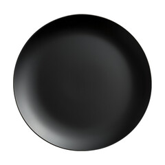 A black plate with a white background. The plate is round and has a shiny surface. The plate is placed on a white background, which makes it stand out