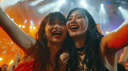 couple dancing in the club, selfie image of two young women at a concert in a giant indoor arena, capture the excitement of live music, vibrant atmosphere, friendship and fun, concert hall ambience